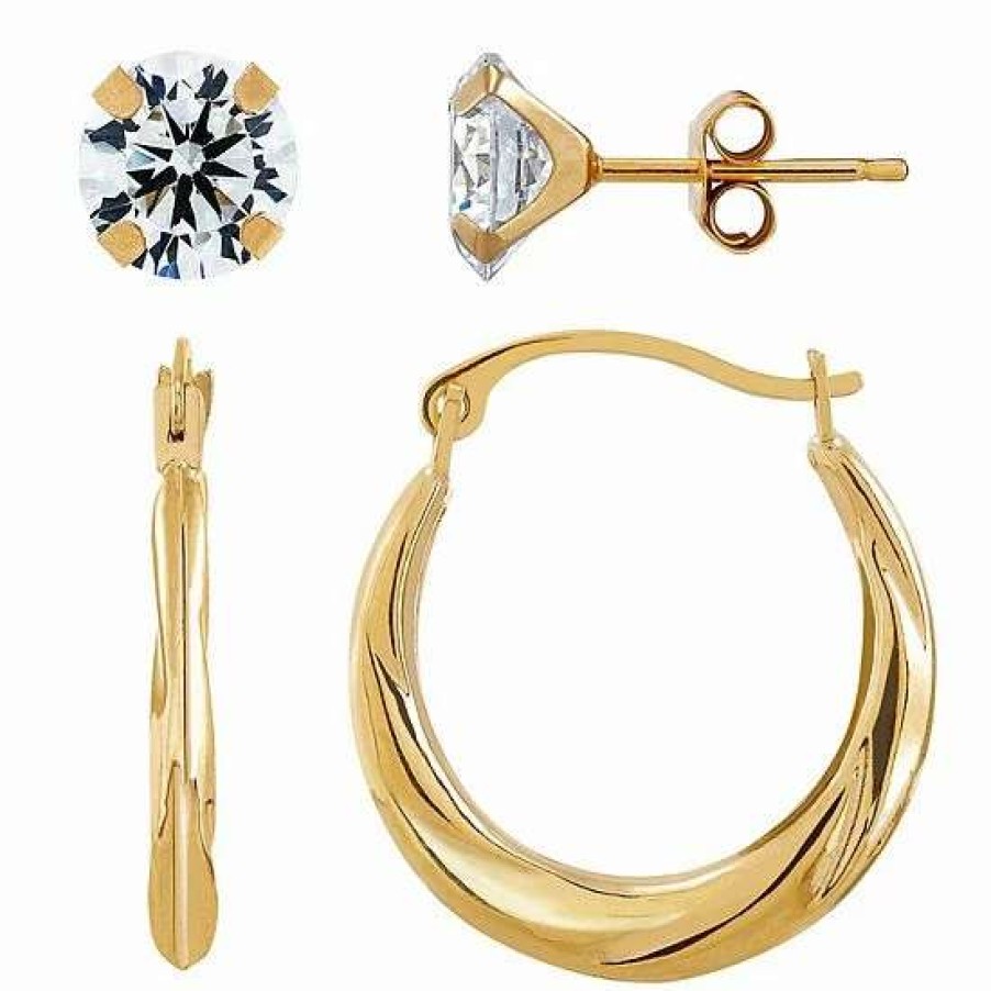 Jewelry * | Cheapest Everlasting Gold 10K Gold Swirl Hoop & Cubic Zirconia Button Stud Earring Set