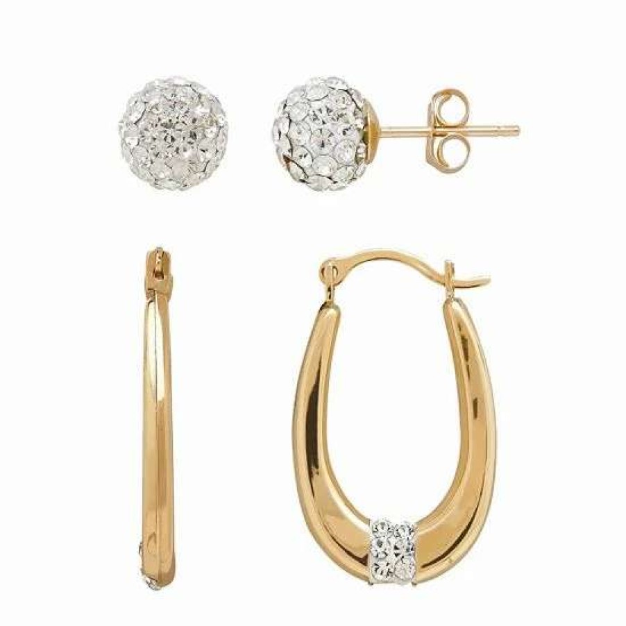 Jewelry * | Coupon Everlasting Gold 10K Gold Crystal Ball Stud & U-Hoop Earring Set