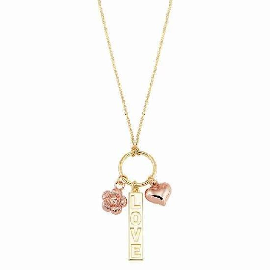 Jewelry * | Wholesale Everlasting Gold 10K Yellow & Rose Gold Two-Tone "Love", Rose, & Heart Charm Necklace