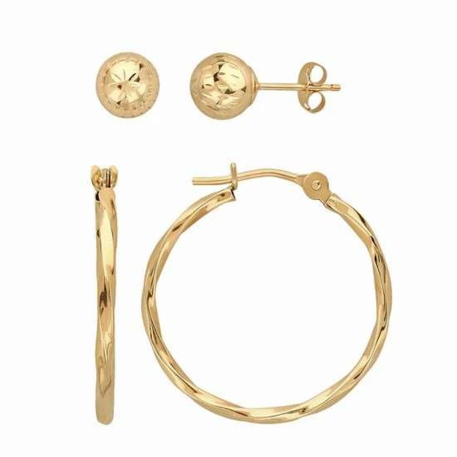 Jewelry * | Hot Sale Everlasting Gold 10K Gold Textured Ball Stud & Twist Hoop Earring Set