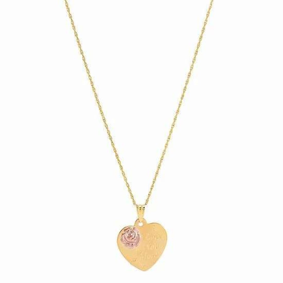 Jewelry * | Wholesale Everlasting Gold 10K Gold & Rose Gold Flower On Heart Disk "I Love You More" Pendant Necklace