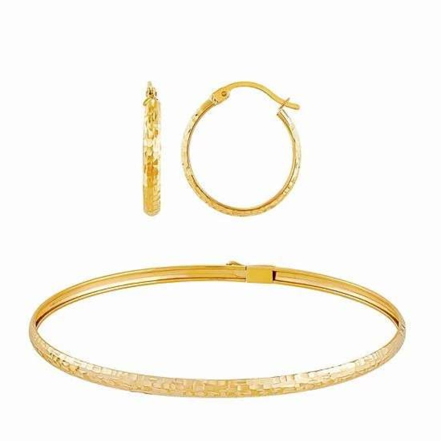 Jewelry * | Outlet Everlasting Gold 10K Gold Flex Bangle & Hammered Hoop Earring Set