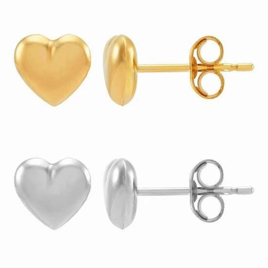 Jewelry * | Best Reviews Of Everlasting Gold 2-Pair Puffed Heart Stud Earring Set