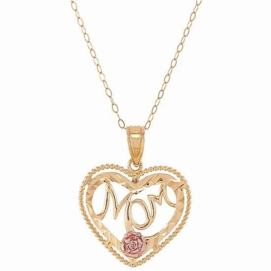 Jewelry * | Cheapest Everlasting Gold 10K Gold & Rose Gold "Mom" Heart & Rose Pendant Necklace