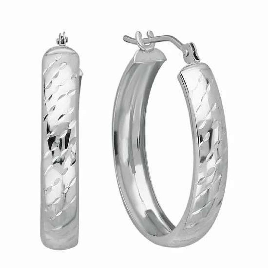 Jewelry * | Deals Everlasting Gold 10K White Gold Textured Stripe Hoop Earrings