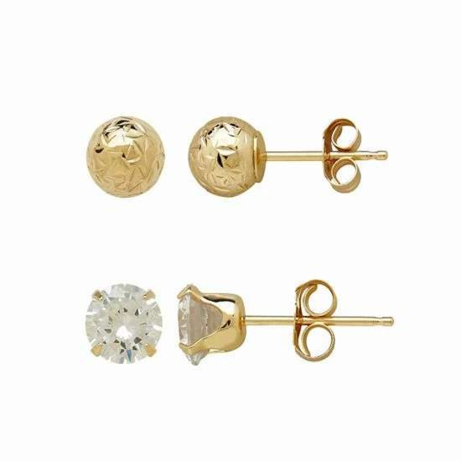 Jewelry * | Deals Everlasting Gold 14K Gold Textured Ball & Cubic Zirconia Stud Earring Set