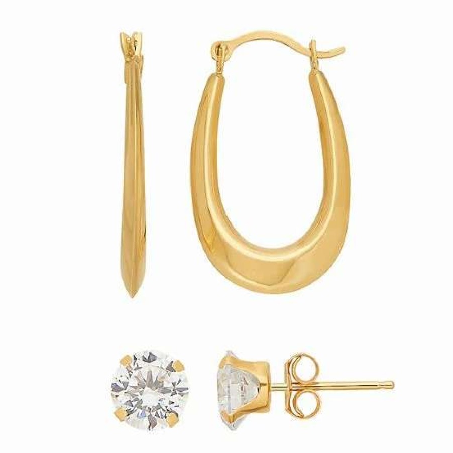 Jewelry * | Outlet Everlasting Gold 14K Gold Cubic Zirconia Stud & U Hoop Earring Set